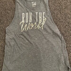 Old Navy Active Tank Top, Size L, Grey, Says “Run the World” in White and Silver